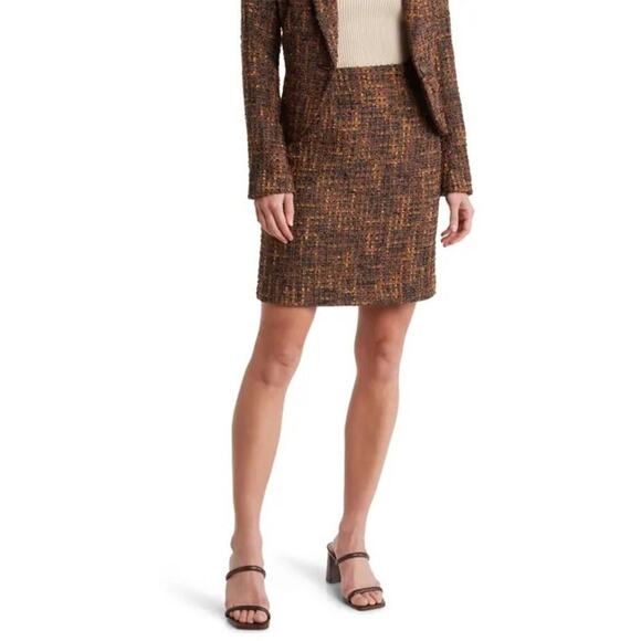 Amanda + Chelsea Boucle Tweed Skirt Modern Fit Pencil Mini Brown Gold NWT XS - Picture 2 of 9